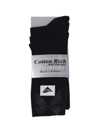 Three Pack Short Black Cotton Bow Socks